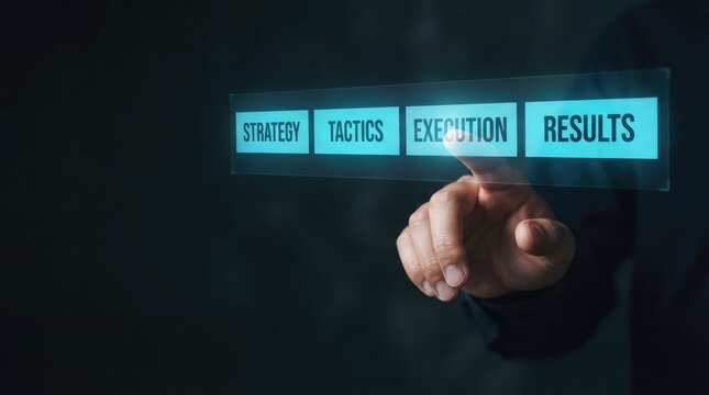 Modern business process flow with close up hand interacting translucent digital featuring sequential labeled segments illuminated against dark background emphasis