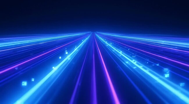 Fast moving neon light streaks in blue and purple, digital data flow and high speed technology, motion blur background