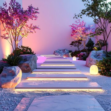 Enchanting Zen Garden Pathway Illuminated by Soft Ambient Lights.