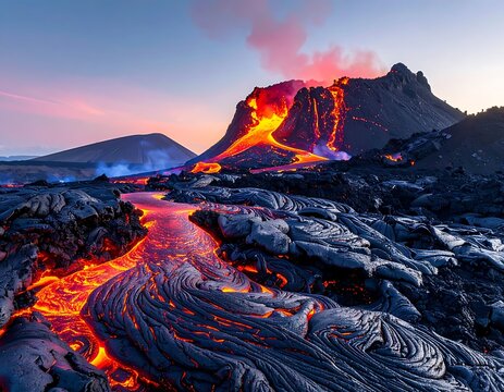 Fiery Volcano Eruption Spewing Molten Lava Down Rocky Slopes at Dusk.