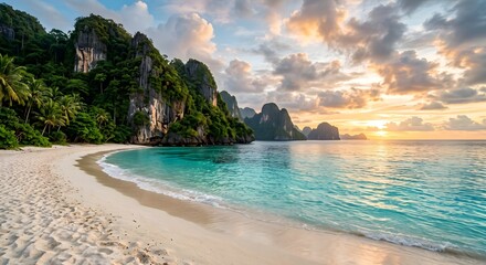 Fototapeta premium Tropical white sand beach with turquoise clear ocean water and dramatic limestone cliffs at golden sunset.