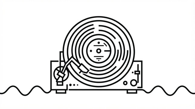 Modern continuous line art turntable record vector design bold black one line vinyl disc sketch for dj logo