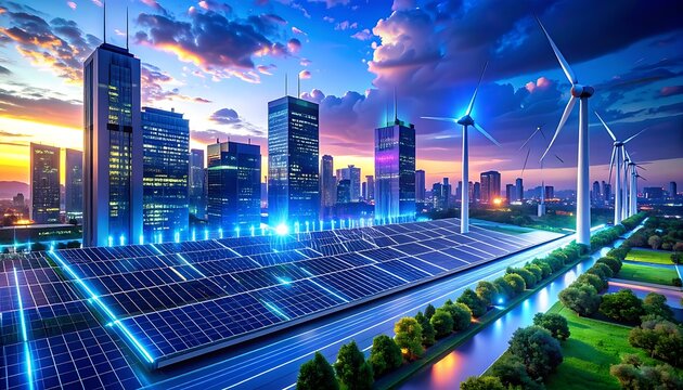 Futuristic Cityscape with Solar Panels and Wind Turbines Showcasing Green Energy.