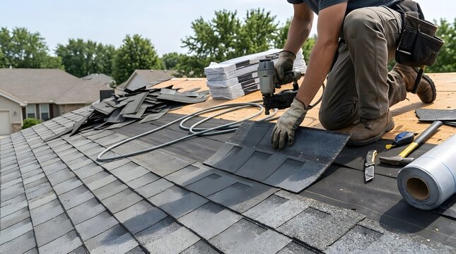 Installing new shingles on roof deck during replacement work