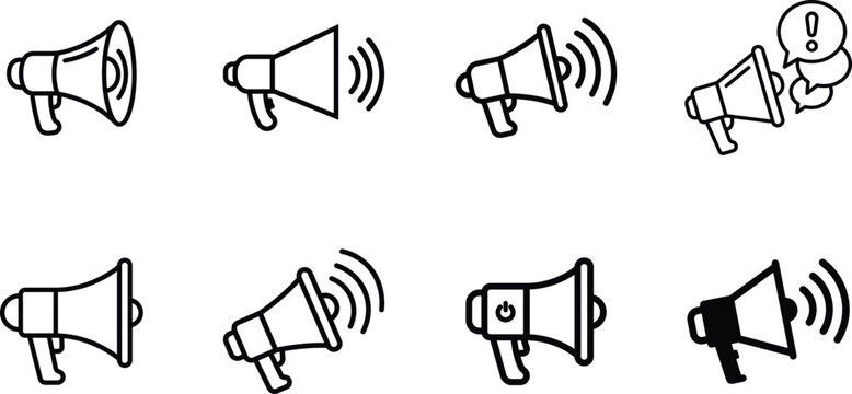 A comprehensive vector icon set featuring various megaphone designs for marketing communication announcements advertising social media alerts and public address system interface elements