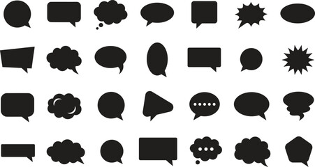 Fototapeta premium A comprehensive vector icon set featuring various black speech bubbles and thought balloons for creative design projects and digital communication interface elements