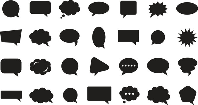 A comprehensive vector icon set featuring various black speech bubbles and thought balloons for creative design projects and digital communication interface elements