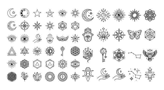 Set of mystical alchemy symbols and sacred geometry icons in black line art style