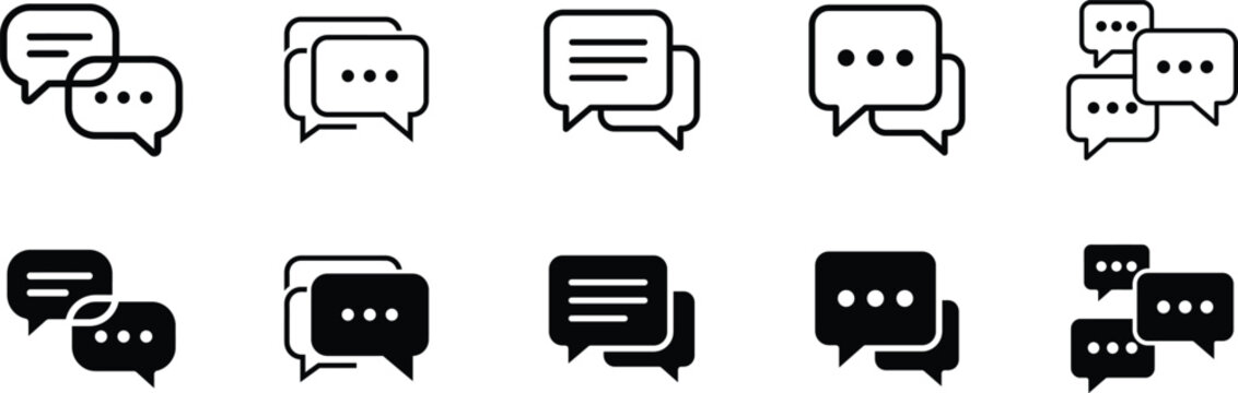 A comprehensive vector icon set featuring various speech bubble designs for communication messaging chat interfaces and digital interface design projects for web developers