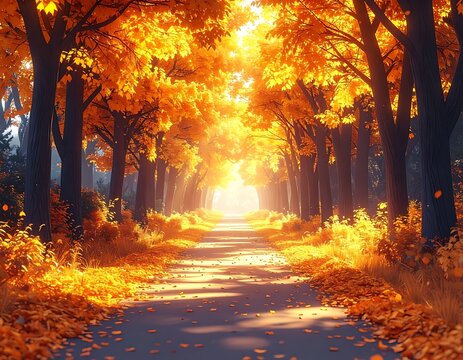 Golden Autumn Pathway Bathed in Warm Sunlight.