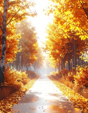 Golden Autumn Pathway Bathed in Warm Sunlight.