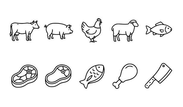 Butcher Meat Source Animal Outline Icon Collection Vector
