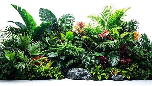 Lush Tropical Rainforest Jungle Foliage with Exotic Flowers and Rocks.