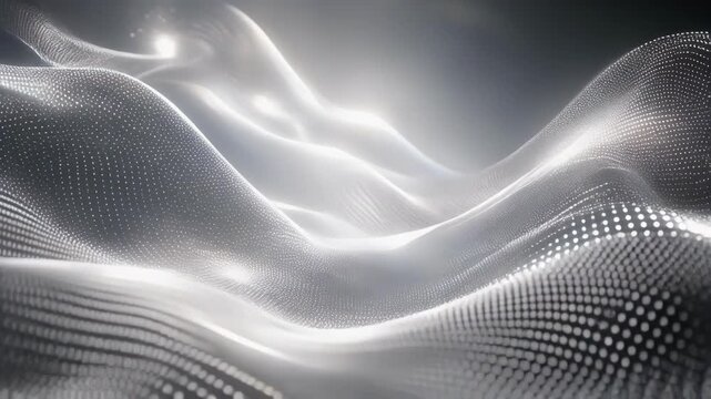 Abstract white and silver flowing wave-like digital mesh pattern