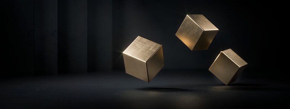Luxury Floating Gold Cubes on Black Background with Modern 3D Abstract Geometric Design