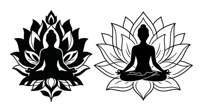 Black silhouette of a person meditating in a lotus flower pose for yoga and zen