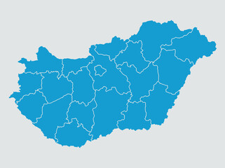 Fototapeta premium Blue Map of Hungary with White Administrative County Borders