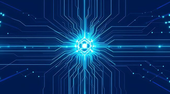 glowing blue digital circuit board lines pulsing with light energy, technology background for data transfer, network connection, cybersecurity, artificial intelligence
