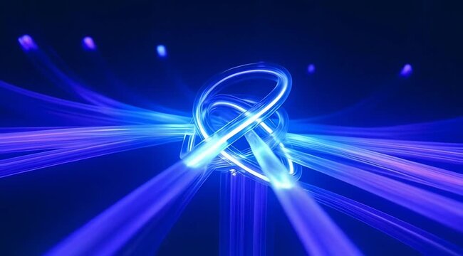 Glowing blue abstract rings with light trails and particles moving in a dark digital space representing energy flow and connection