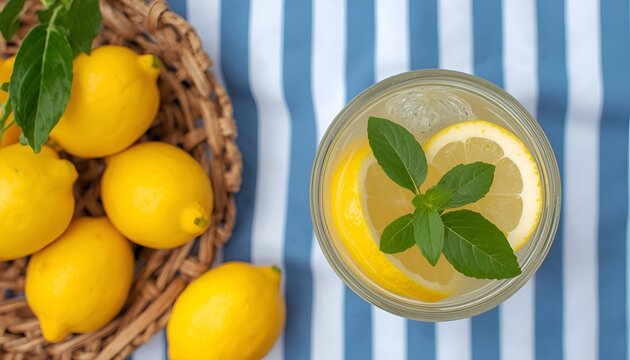 Fresh Ripe Lemons for Homemade Lemonade on Blue Striped Tablecloth, Summer Picnic Citrus Still Life with Refreshing Seasonal Fruit