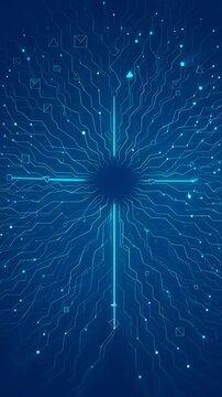 glowing blue digital circuit board pattern radiating outward with particles, tech network connectivity, cyber security data flow transmission
