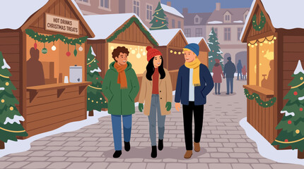 Friends Walking at a Festive Christmas Market in Winter © Neilaaulia