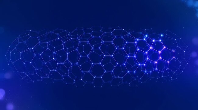 Glowing blue hexagonal grid motion background with pulsing light nodes, digital network connection, data structure, science technology visualization