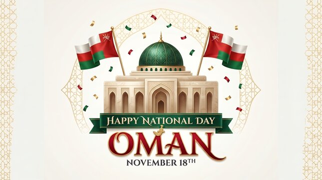 Festive National Day Celebration Graphic with Oman Flags and Architectural Landmark