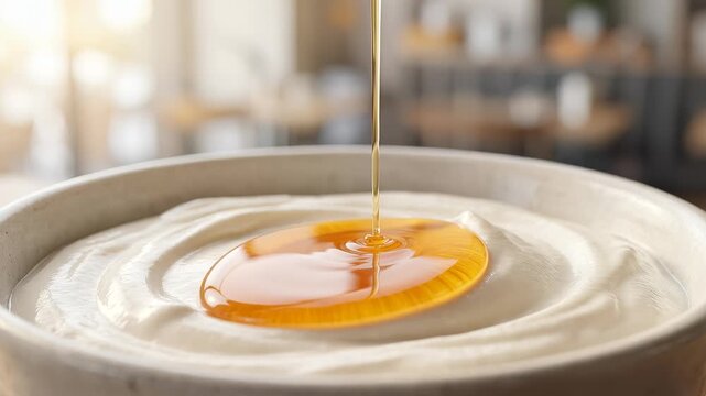 Premium cinematic macro of golden honey drizzling from wooden honey dipper onto creamy Greek yogurt with glossy texture and gourmet breakfast presentation