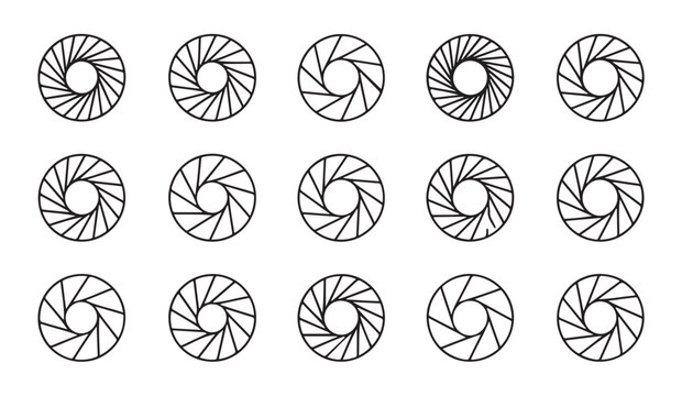 Aperture shutter mechanism icons set showing camera lens diaphragm opening stages for optical photography gear.