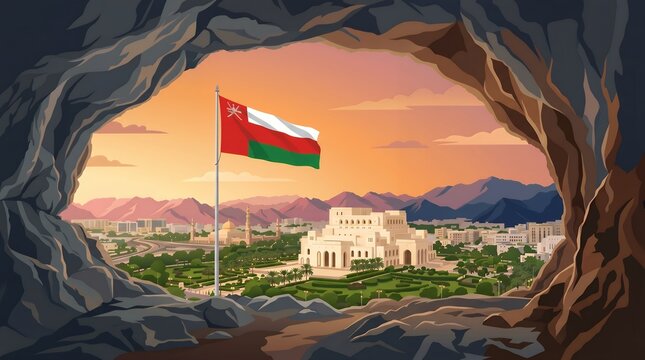 Stylized Pixel Art Scenery View Of Muscat Opera House And Oman Flag From Cave Entrance