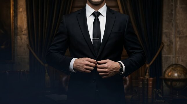 Elegant Man in Classic Black Suit with Tie Adjusting Buttons in Luxurious Interior Setting
