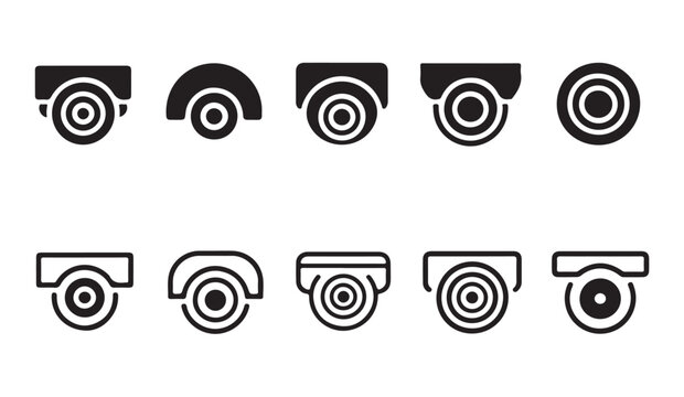 Collection of modern security camera icons vector symbols showing different styles and viewing angles for surveillance needs.