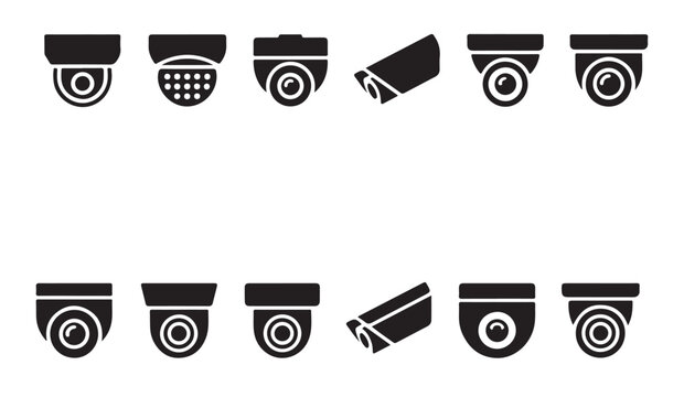 Various security camera icons in silhouette vector set for protection and surveillance concepts with different camera types.