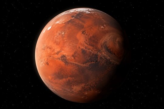 A stunning, high-resolution artistic rendering of the planet Mars, showcasing its iconic red surface, swirling clouds, and stark, cratered terrain against the blackness of space.