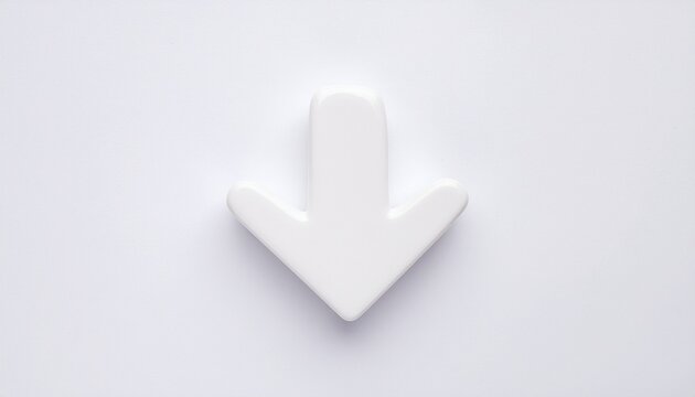 Minimalist white glossy down arrow icon with smooth rounded edges. Clean directional pointer symbol isolated on neutral background for UI design, navigation, and download concept.