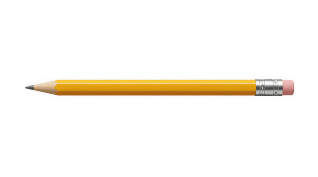 A single yellow wooden pencil with a pink eraser tip isolated on transparent background