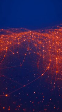 glowing orange digital network mesh on dark blue background, data communication, technology connectivity, neural mapping, information flow
