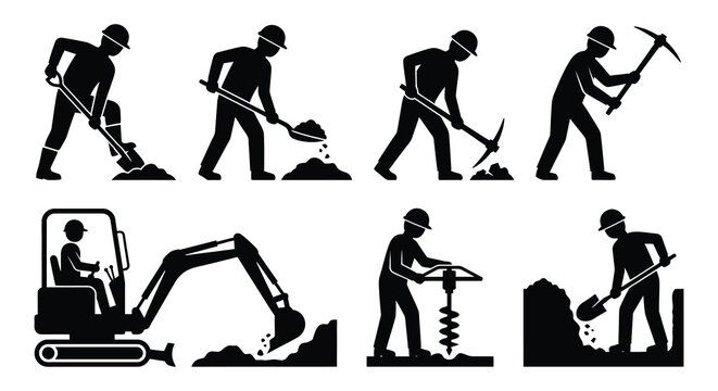 Construction worker silhouettes performing various digging and earthmoving tasks black on white