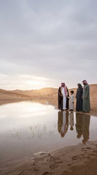 Family in traditional attire by reflective water in the desert