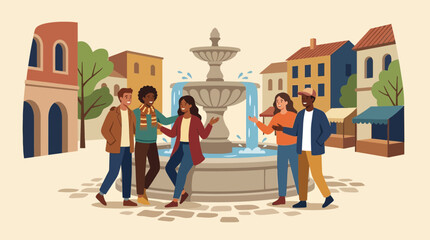 Group of Friends Chatting by a City Square Fountain © nei