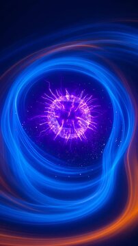 glowing purple energy sphere with swirling blue light trails, abstract cosmic particle animation effect
