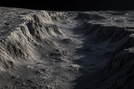 A dramatic, high-resolution 3D render of a rugged, mountainous lunar landscape under a dark sky.