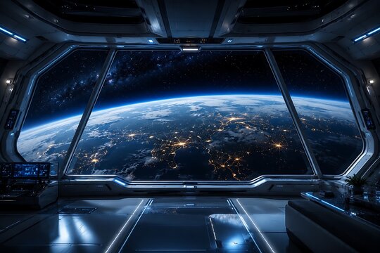 View of Earth from a spaceship window, showing city lights and the curvature of the planet against the backdrop of stars.