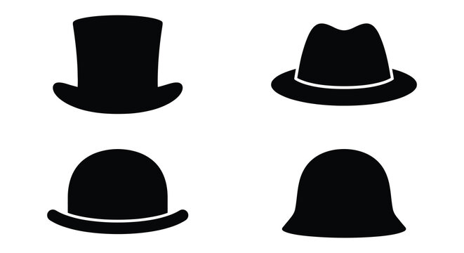 Four Black Hat Silhouettes On White Background Including Top Hats And Fedoras