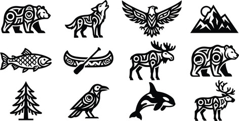 Obraz premium Tribal wildlife icon set. Native American style animal silhouettes and nature symbols.