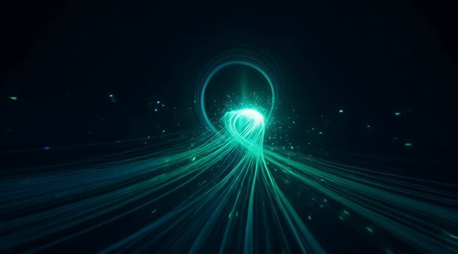 Glowing teal and blue light particles forming a swirling circular portal, digital stream, futuristic energy flow, data transmission animation