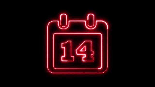 Neon glowing calendar icon with 14 animation on black background. Glowing neon calendar date 14 symbol for deadline and planning. Calendar icon with date fourteen.