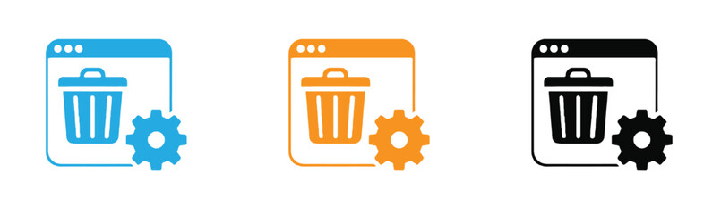 Browser data cleanup icon set representing , file deletion settings, cache clearing, trash management, and system maintenance. Features a web browser window containing a trash bin combined . © Nabila