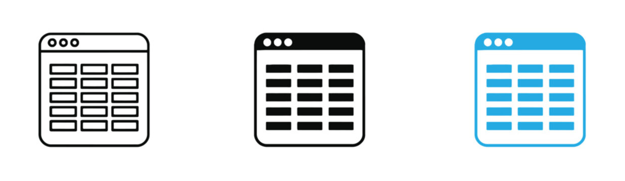 Spreadsheet application  icon window vector set for data table, financial reporting, database grid, excel document, and software UI design.